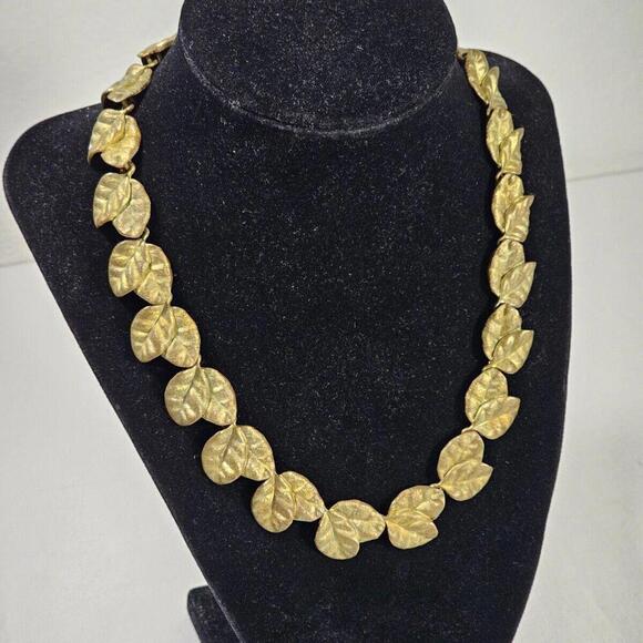 Vintage Double Row Leaf Necklace Gold Tone Mid-Century Designer 17" - Picture 4 of 8